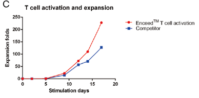 对激活后的T细胞数目进行监测,在第17天,Enceed™ T cell Activation可使T细胞扩增近250倍。